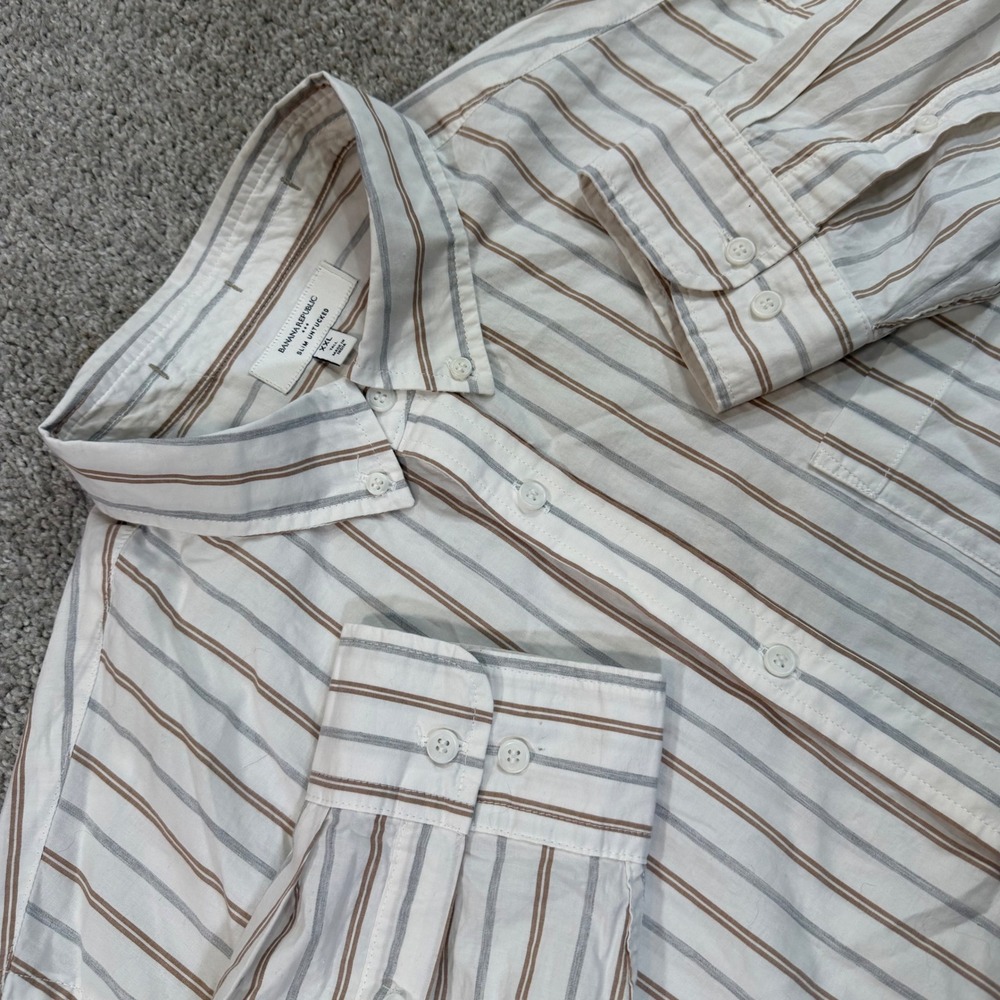 Banana Republic Button Down Mens XXL Tall White Striped Slim Untucked Shirt